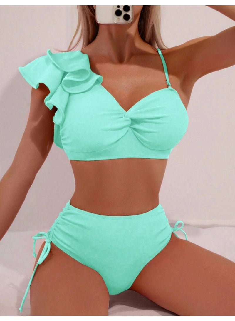 SHEIN Swim Women Solid Color Spliced Bikini Set With Ruffles, Twist And Separated Bikini Set For Vacation,Summer Beach - Image 1